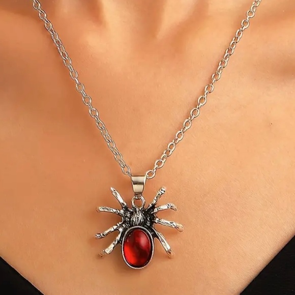 Gothic Vintage Style Spider Pendant Necklace with Red Faux Gemstone - Picture 3 of 4